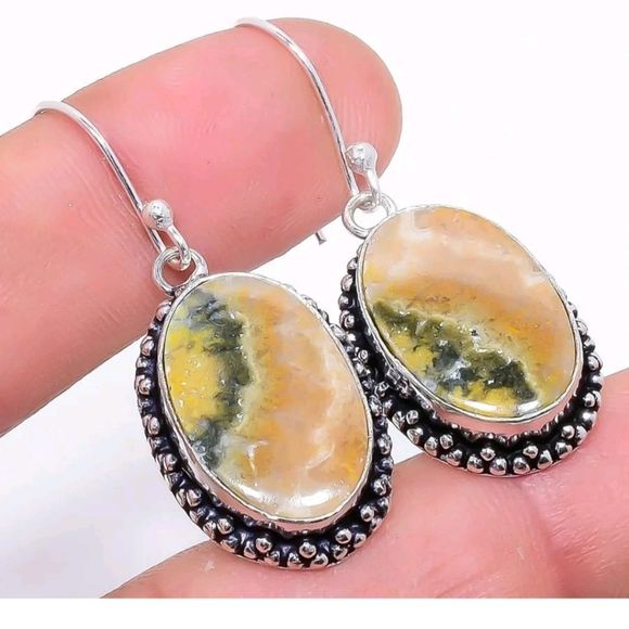 Sterling Silver 925 genuine bumblebee jasper oval stone drop boho earrings new - Picture 1 of 3